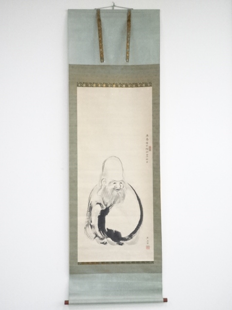 原在中筆　寿老人図（維明周奎宛為書有）　肉筆紙本掛軸（保護箱）